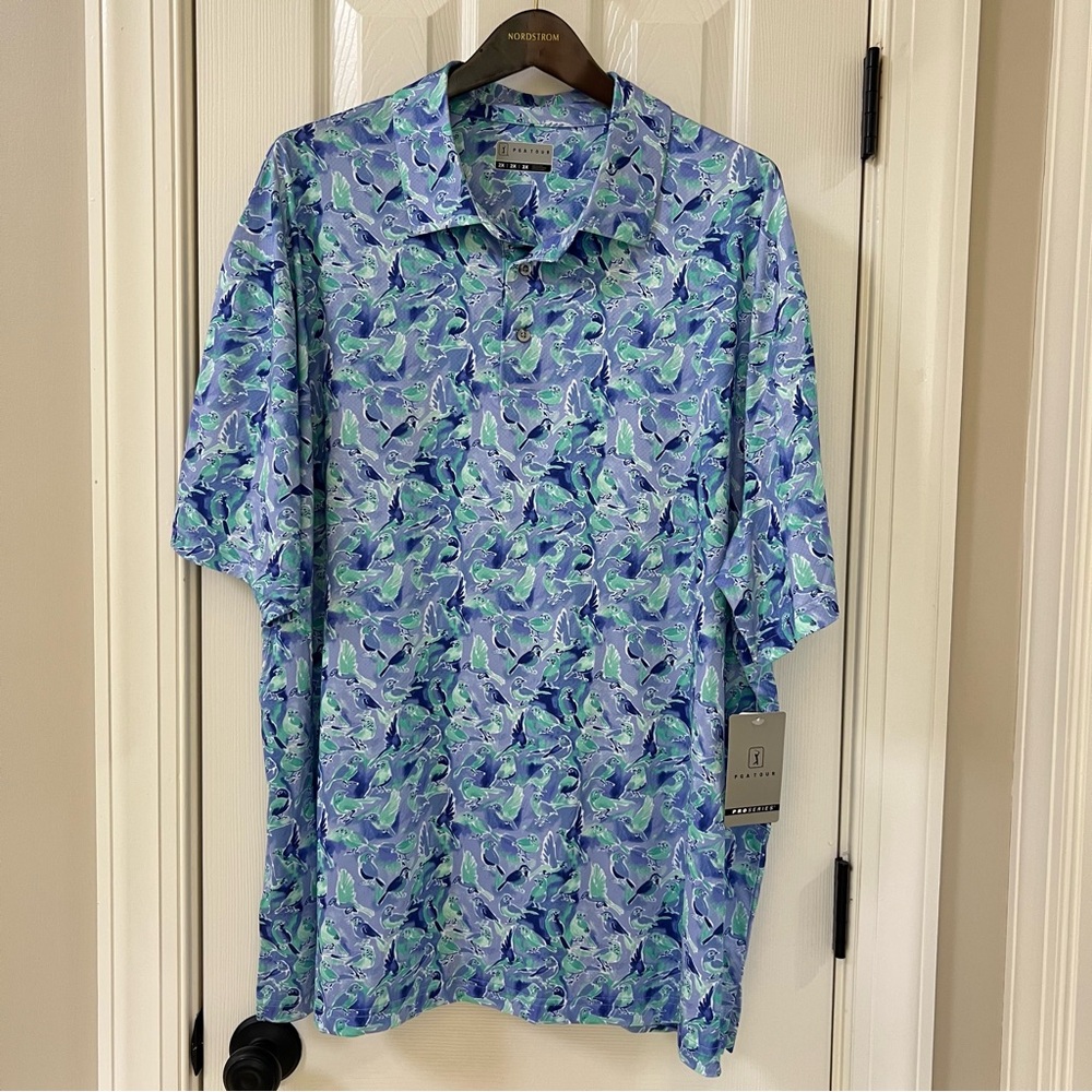 PGA TOUR Men's Watercolor Birdie Print Short Sleeve Golf Polo Shirt NWT Size 2X